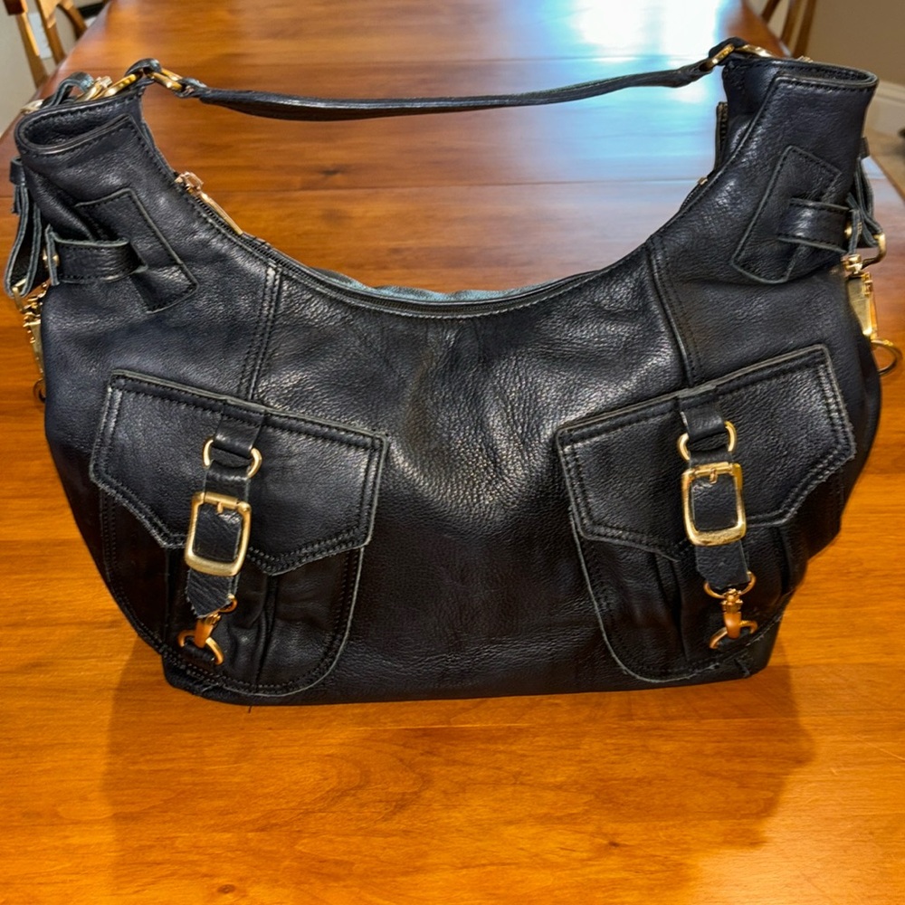 SONDRA ROBERTS LEATHER HOBO SLOUCHING SHOULDER BAG Black & Gold Hardware Buckles
